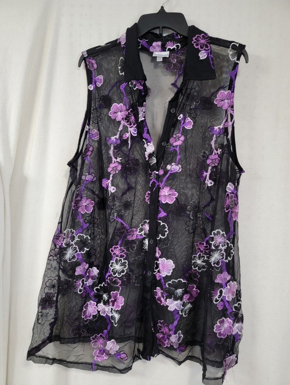 Avenue Black Sheer Button-Down Top with Purple Floral Embroidery Plus Size 22/24